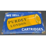 Vintage Enamel gun ammo advertising sign. 'We Sell Purdey London Cartridges' [20.3x30.2cm]