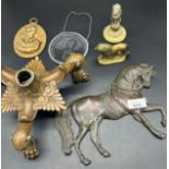 A Selection of Bronze and Brass collectables to include Bronze tri leg stand designed with puma