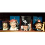 Shelf of Royal Doulton character Toby jugs to include The London Bobby & the black smith etc