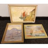 3 oil on boards depicting various boat scenes [36x50cm]