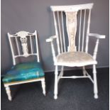 19th century painted white arm chair together with other
