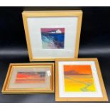 Three Various contemporary artworks includes Watercolour of bridge at night by KLS Murdoch, Ishbel