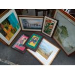 Selection of pictures to include forth rail bridge picture, modern art picture set in gilt frame etc