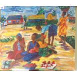 Framed colourful oil depicting ladies in a village scene, Signed Dorisk [54x65cm]