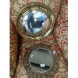 2 Brass framed circular mirrors. Arts and crafts and convex mirrors.