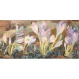 Oil on board depicting crocuses, Signed Anne Carrick [51x90cm]