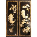 A pair of Chinese lacquered panels depicting peacocks made from mother of pearl. [93x41cm]