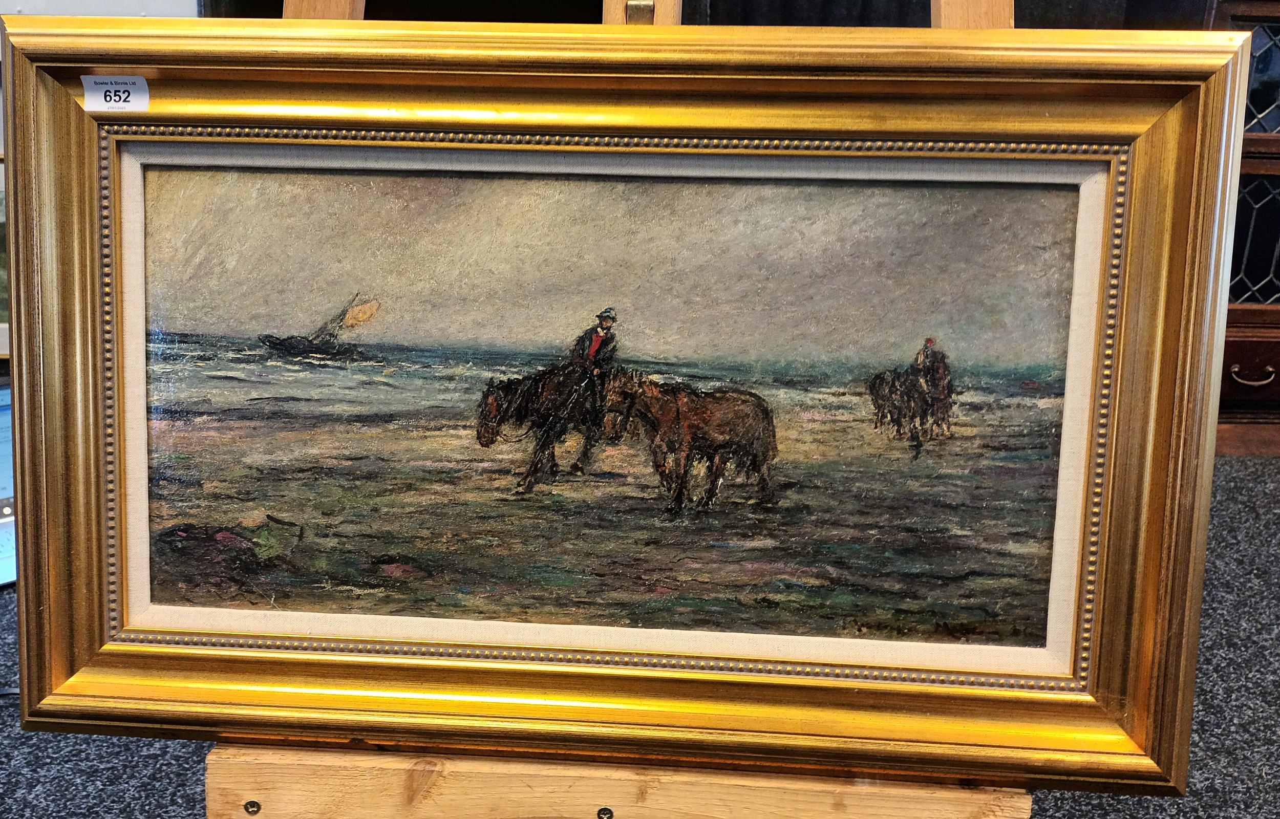 John Maclauchlan Milne RSA (1885-1957) Oil on board Titled 'Walking The Horses' [45x70cm] - Image 2 of 6