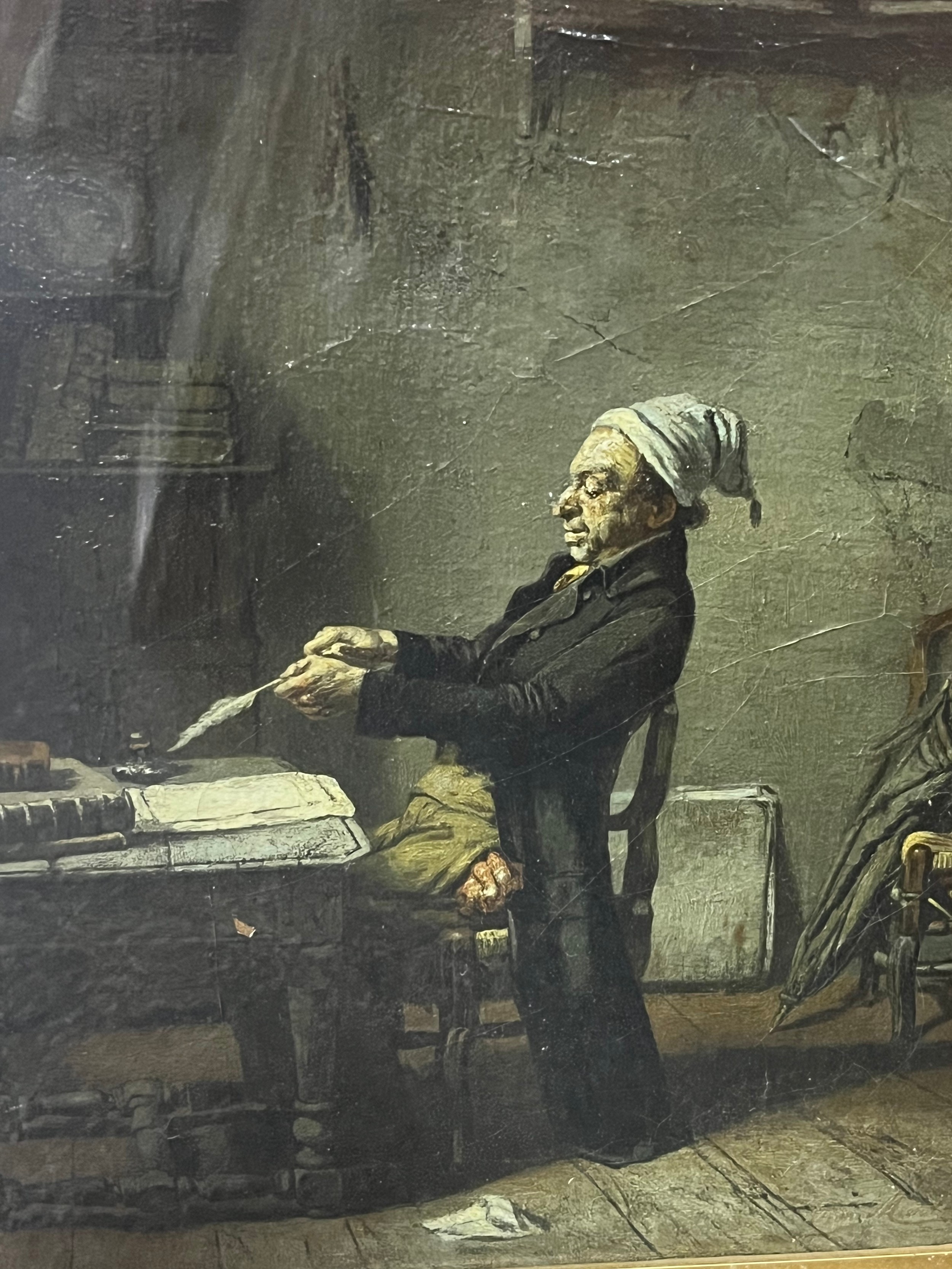 18th/ 19th century painting on canvas depicting a man seated at desk with eerie back drop wall