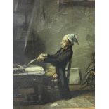 18th/ 19th century painting on canvas depicting a man seated at desk with eerie back drop wall