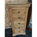Solid light oak narrow 5 drawer chest of drawers