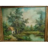 Oil painting depicting Forrest and frached cottage scene signed fullmen fitted in a gilt frame