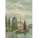 Hamilton Glass Framed watercolour depicting canal with boats and walk way [70x56cm]