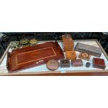 Inlaid serving tray together with a collection of carved wooden trinket boxes etc