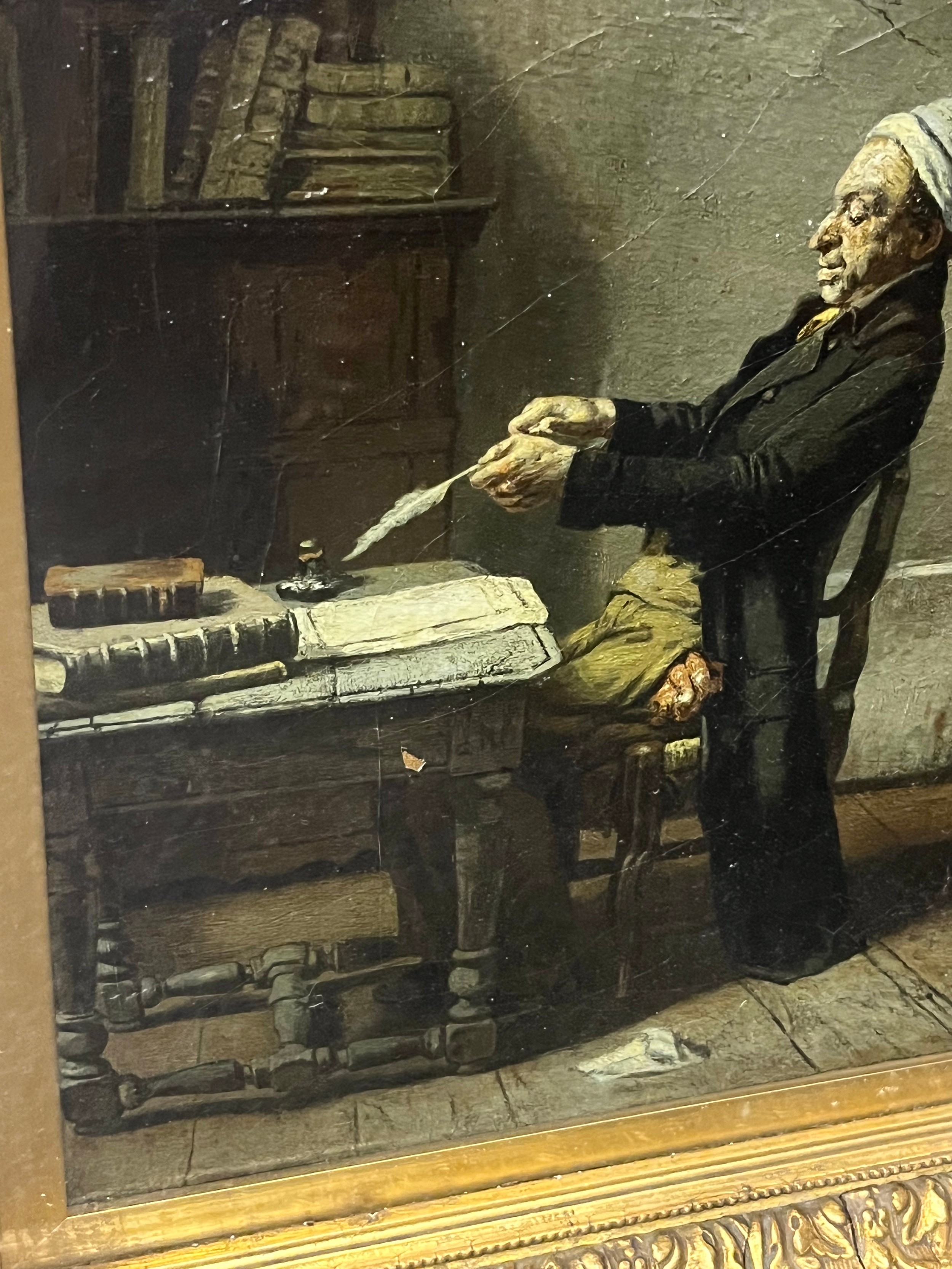 18th/ 19th century painting on canvas depicting a man seated at desk with eerie back drop wall - Image 6 of 6