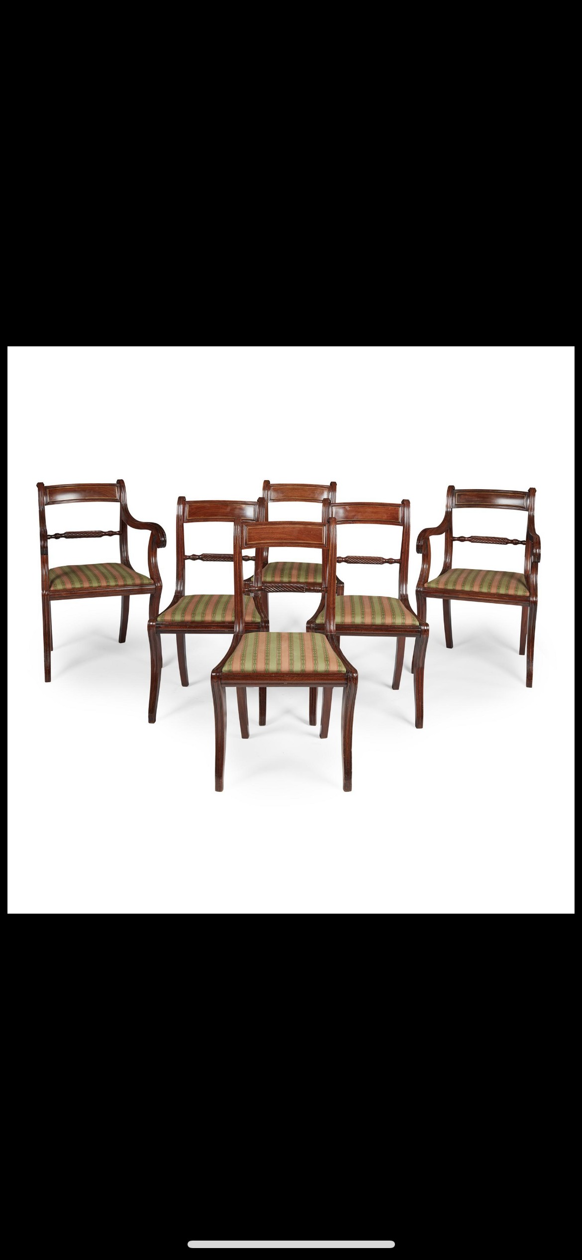 Set of six regency brass inlaid dining chairs, Early 19th century, the bar backs with brass line