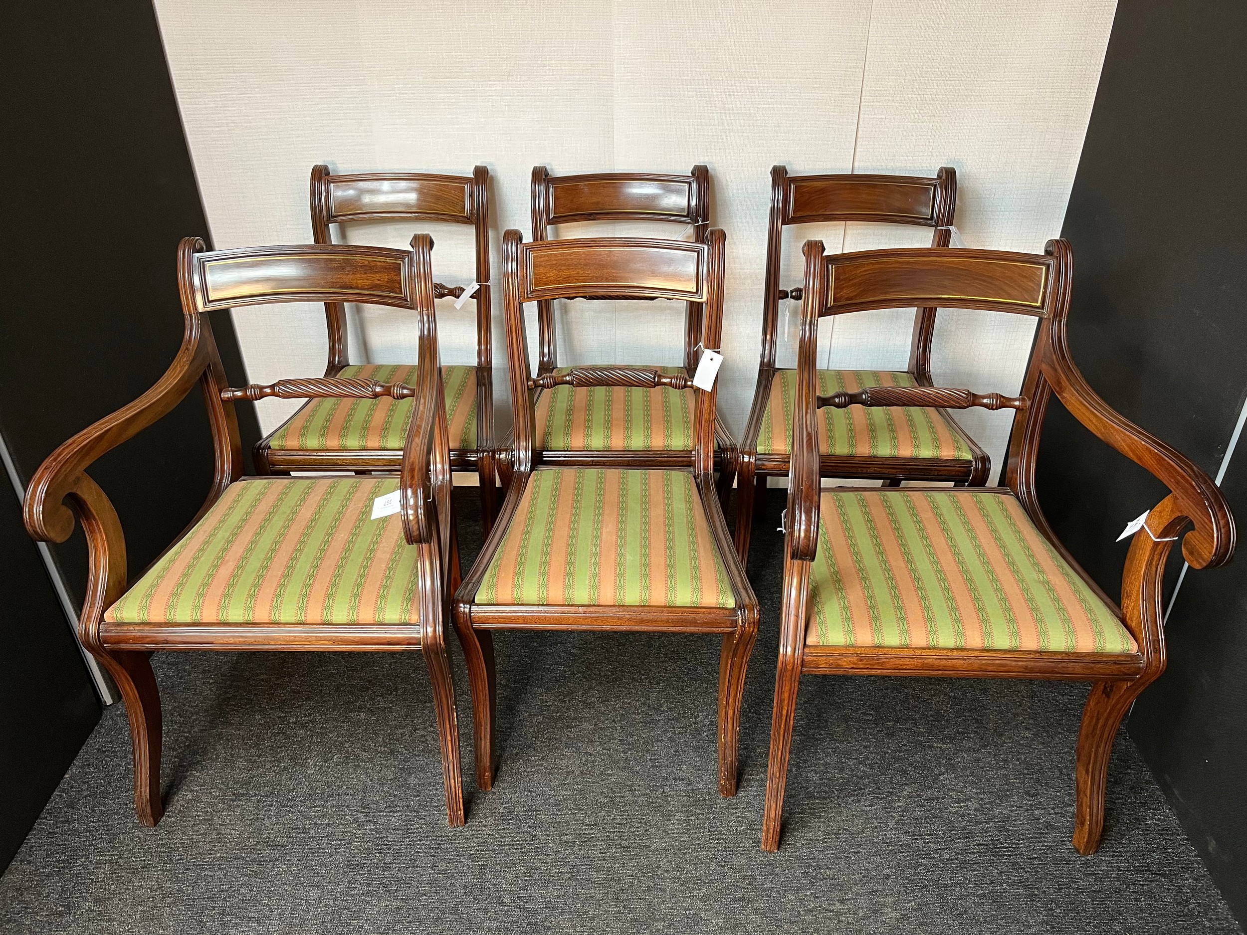 Set of six regency brass inlaid dining chairs, Early 19th century, the bar backs with brass line - Image 5 of 7