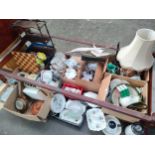 Large quantity of odds to include porcelain, tea sets, boat model, three tier wall shelf, chess