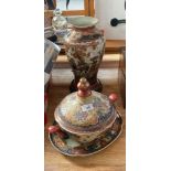 Three 20th century oriental porcelain items. Includes vase with wooden stand, Lidded tureen and