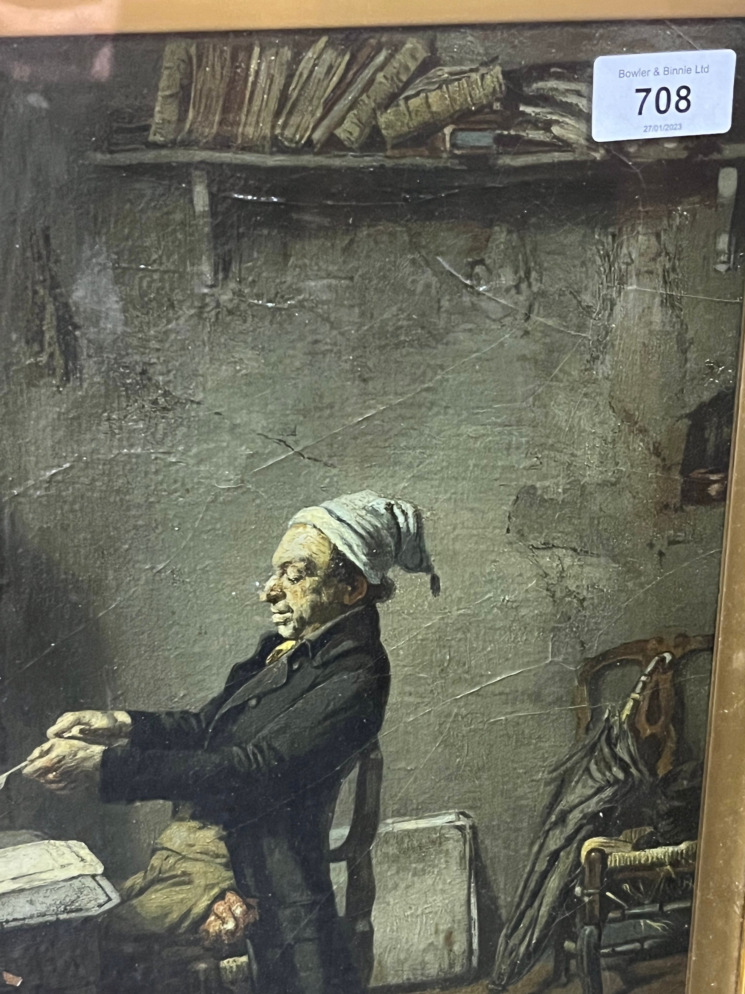 18th/ 19th century painting on canvas depicting a man seated at desk with eerie back drop wall - Image 4 of 6