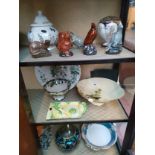 Three shelves of collectables to include Masons, Beswick, Anysley, Newport pottery biscuit barrel