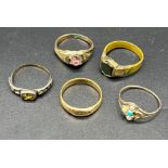 A Collection of five various antique rings. Includes gold unmarked ring- tested as 18ct-24ct,