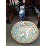 Chinese blue and white landscape design vase together with a Chinese hand painted bowl- both as