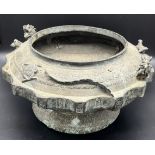 Antique heavy bronze Asian inspired burning censor pot. Designed with raised relief dragon, toad and