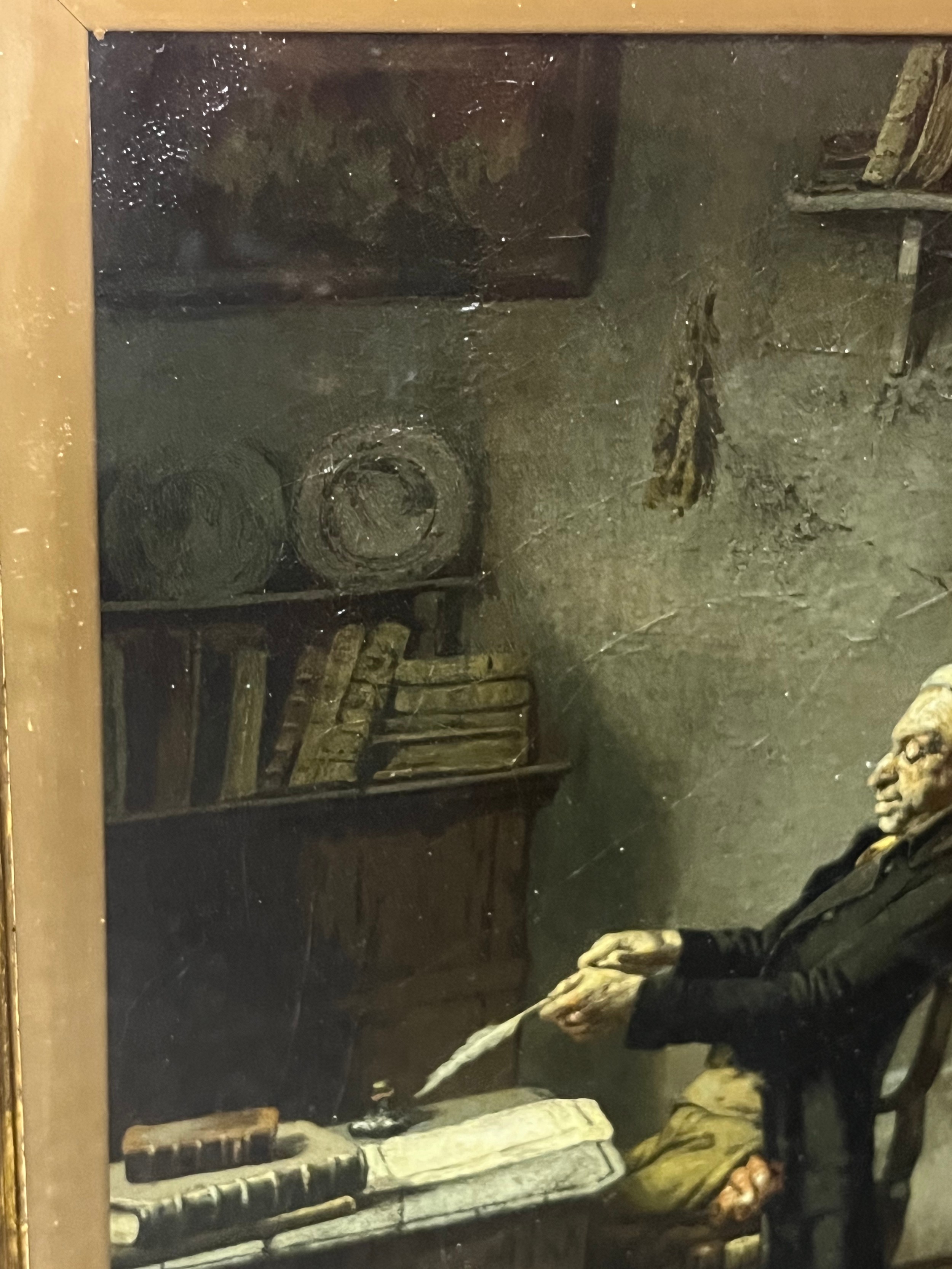 18th/ 19th century painting on canvas depicting a man seated at desk with eerie back drop wall - Image 5 of 6