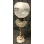 A Large 19th century Corinthian column paraffin lamp, crystal etched paraffin holding area and