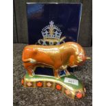 Large Royal crown Derby Harrods bull with stopper and box