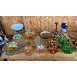 A Collection of Art Glass top include Carnival amber glass, Opalescent dessert dish and two green