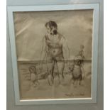 Framed drawing depicting a man with children at the seaside, Signed and dated to the back label (