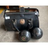 Vintage Carry bag containing four R. W. Hensell & Sons Australia bowling bowls. 'Kenselite'