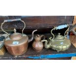 Antique Brass and white glass handle tea pot, Copper Kettle and Guernsey copper lidded jug.