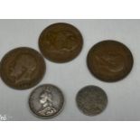Scotland Charles I Hammered Silver Forty Pence Coin, 1887 Silver Queen Victoria Coin and three one