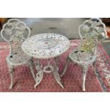 Cast Aluminium garden table and two chairs.