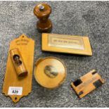 A Selection of Mauchline ware to include the Albert Egg timer, bucket thread dispenser, Games