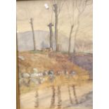 Henri Goerg Framed watercolour depicting tree cutting river scene [64x48cm]