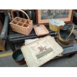 Three various trays, brass coal scuttle, plant pot and two wicker items