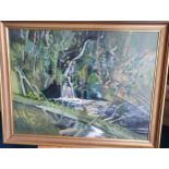 Cameron Murray 79, Original Oil on Board, a wading bird walking through a river with a waterfall