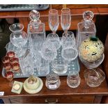 Tray of crystal and art glass to include Edinburgh Crystal decanter with 6 matching glasses engraved