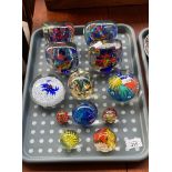 Tray of Art Glass paperweights to include fish designs