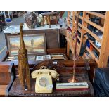 Vintage cream dial phone, copper and brass hunting horn, letter openers and wooden elephant