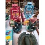 Jamie Oliver stone pestle and Mortar, Two antique drip glaze gurgle jugs and two lanterns