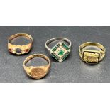 A Lot of four rings includes Art Deco silver ring set with green stones and white stones. Early 19th