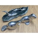 Hoselton Sculpture duck family on green marble- Canadian made. Together with two other sculptures of