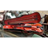 Vintage violin, case and three bows. One named- unreadable.