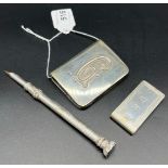 Three pieces of silver. Birmingham silver money clip, Antique silver [unmarked] fountain pen/ pencil