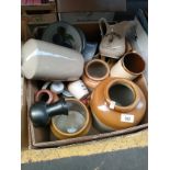 Box of stone ware pots, Mackinlays pub jug, Highland stone ware dish etc